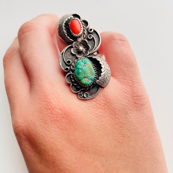 Vintage sterling silver Turquoise coral flower Navajo Ring - Picture 2 of 15